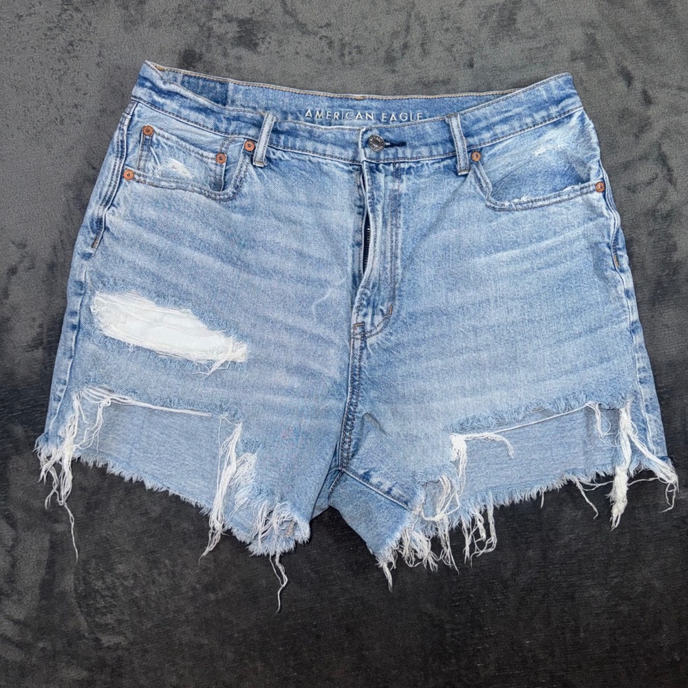 Womens 12 American Eagle 90s Boyfriend Shorts Blue Distressed High Rise Jean